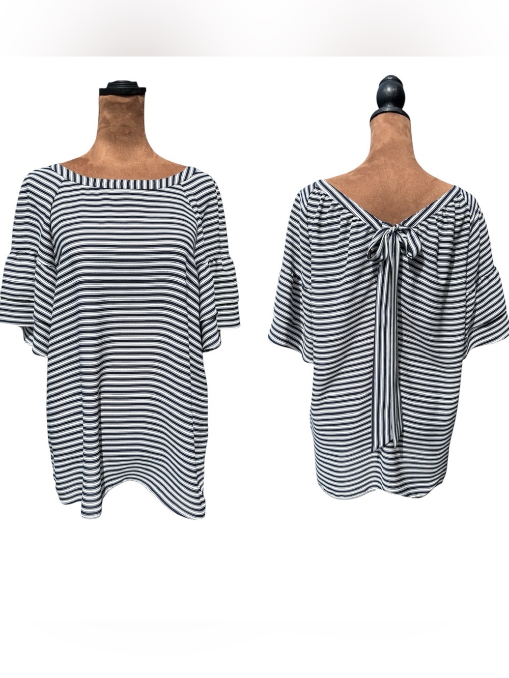 LOFT Navy & White Striped Flutter Sleeves Tie-Back Tunic Blouse Size Medium